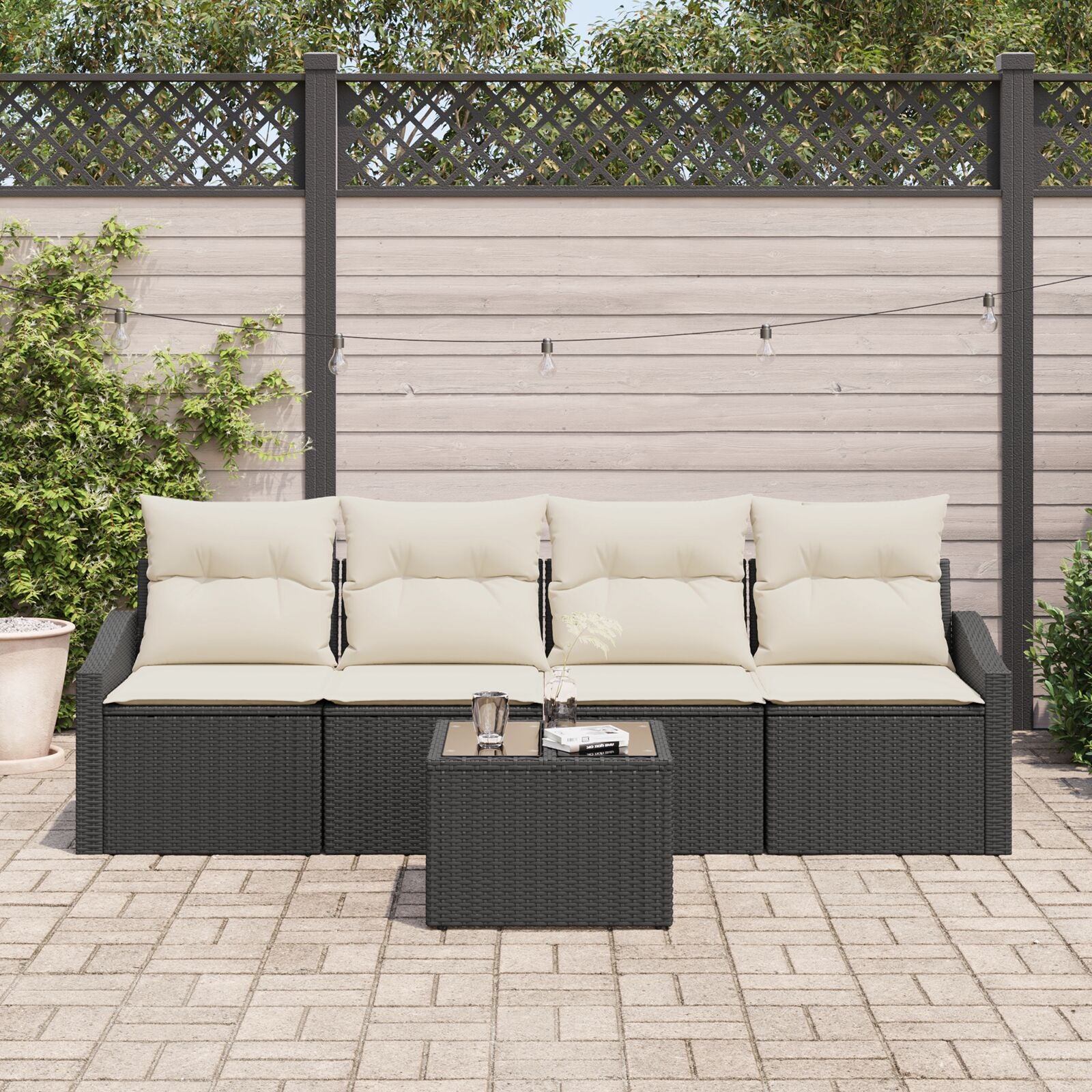 5-Delige Tuin Sofa Set Met Kussens Zwart Poly Rattan