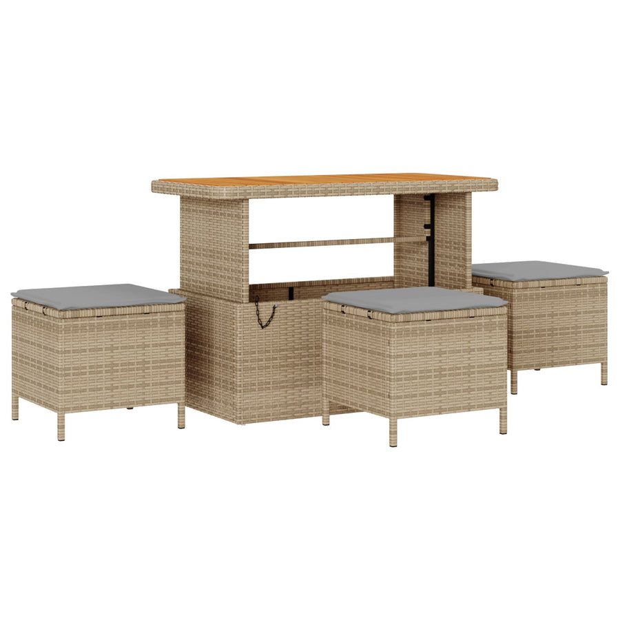 4 Delige Tuin Eettafelset Met Kussens Poly Rattan Acacia 110 cm Beige en grijs 3 krukken