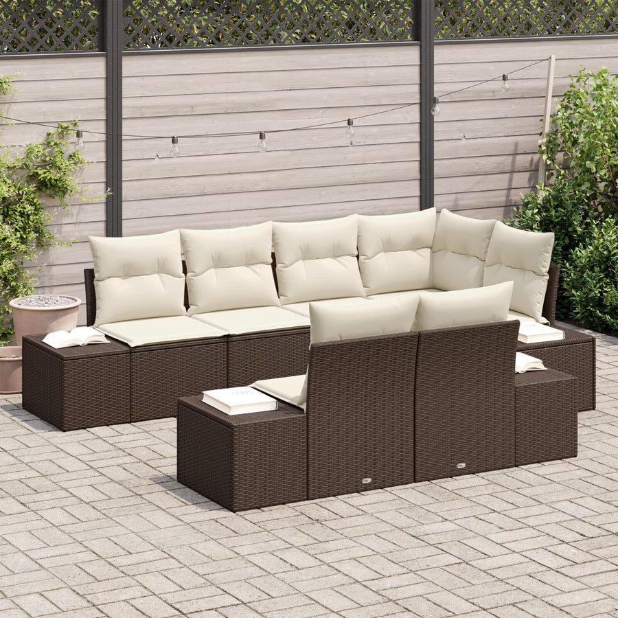 7-Delige Tuin Sofa Set Met Kussens Bruin Poly Rattan