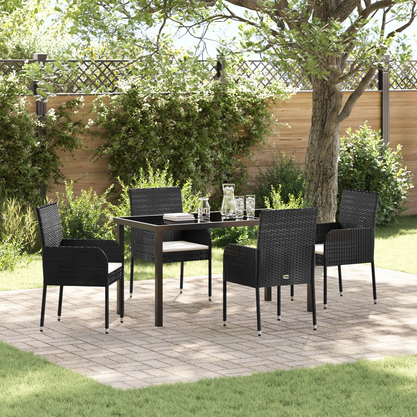 5-Delige Tuin Eetset Met Kussens Zwarte Poly Rattan