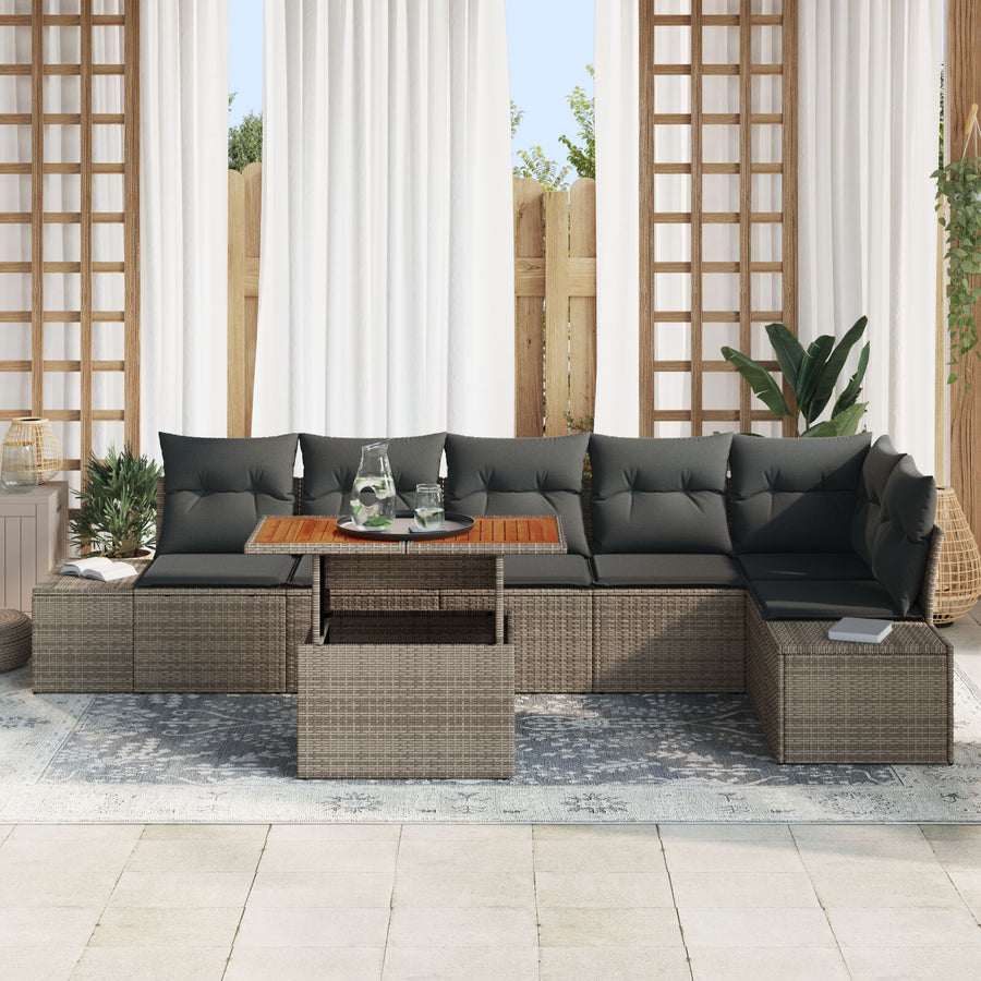 7 Persoons Tuin Eetset Met Kussens Grijs Poly Rattan Acacia