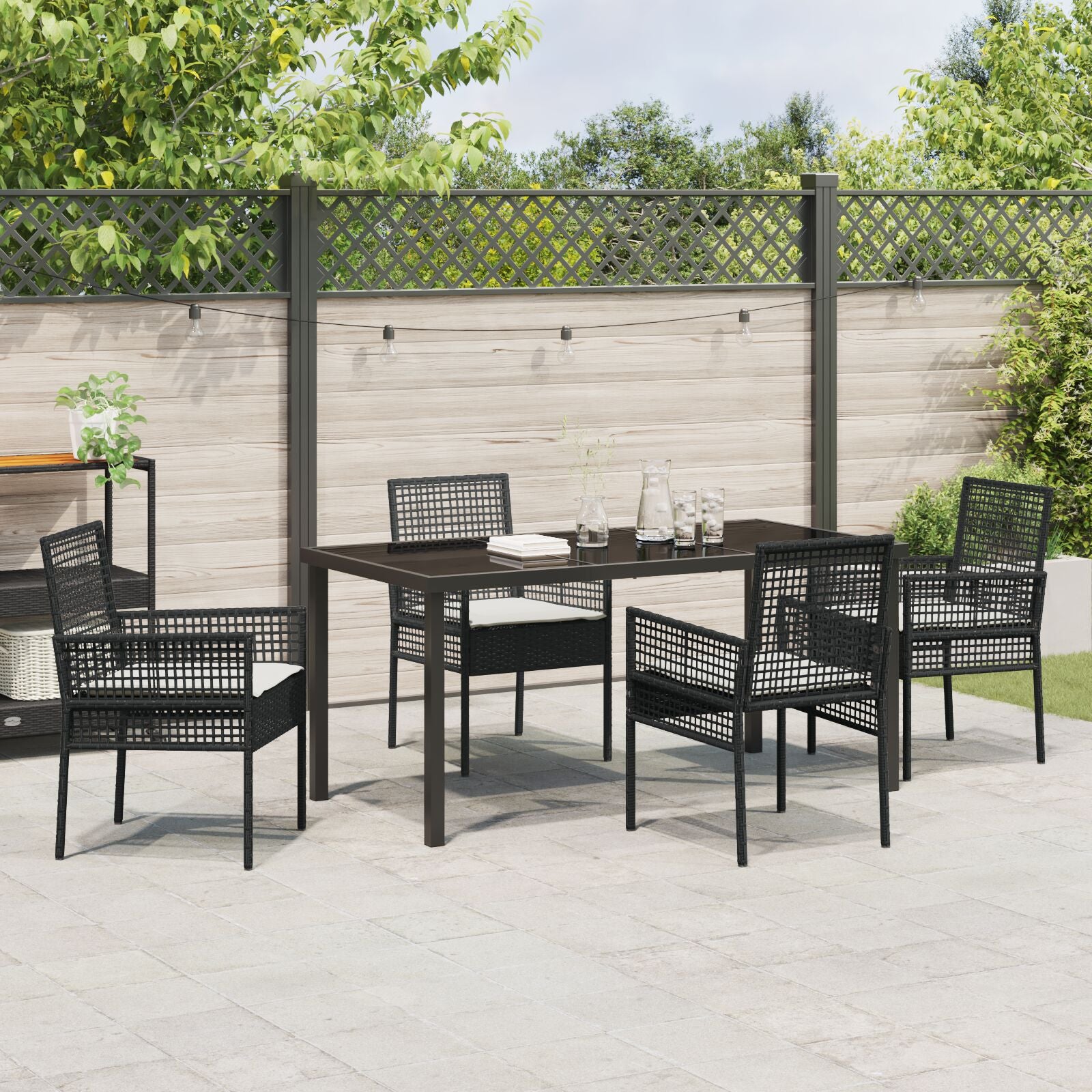 5-Delige Tuin Eettafel Set Met Kussens Zwarte Poly Rattan