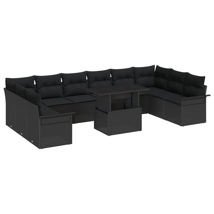 11-Delige Tuinbankset Met Kussens Zwarte Poly Rattan