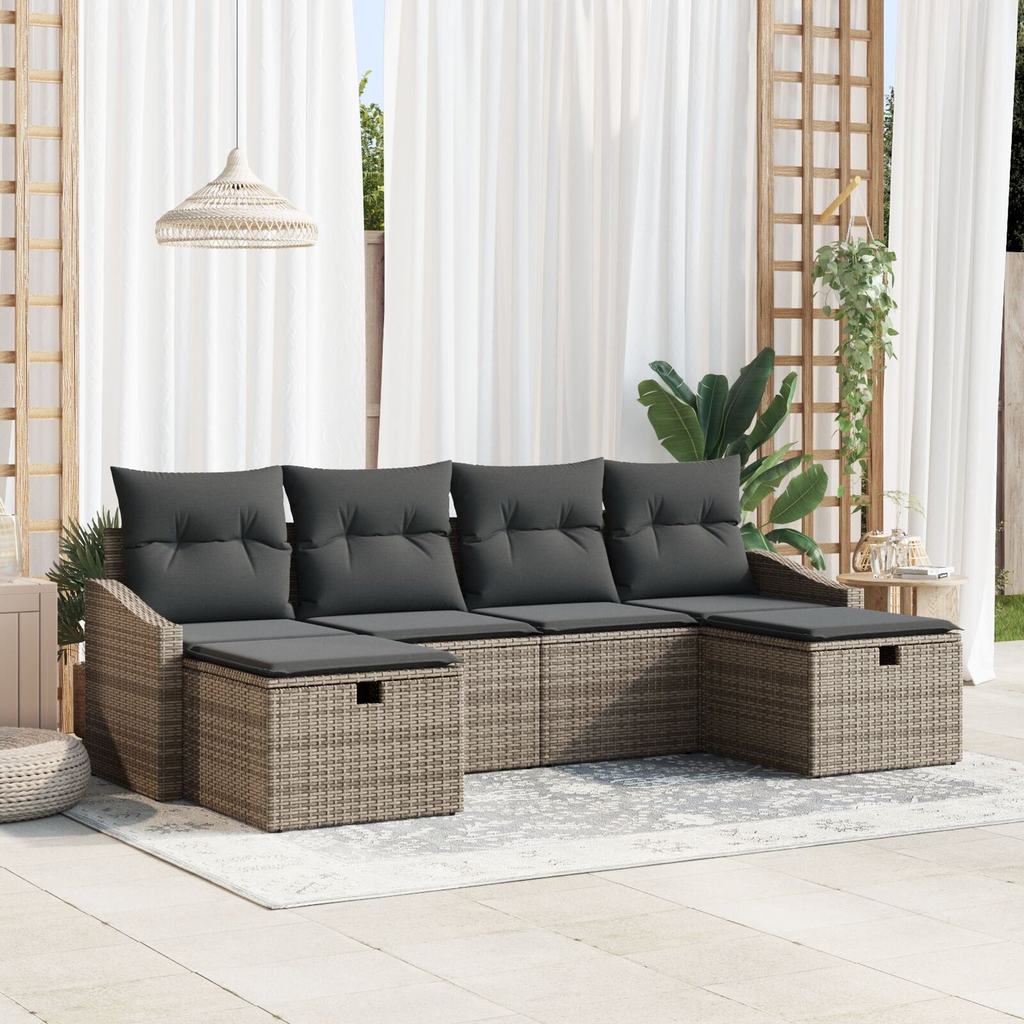 6-Delige Tuinbankset Met Kussens Grijs Poly Rattan Wit