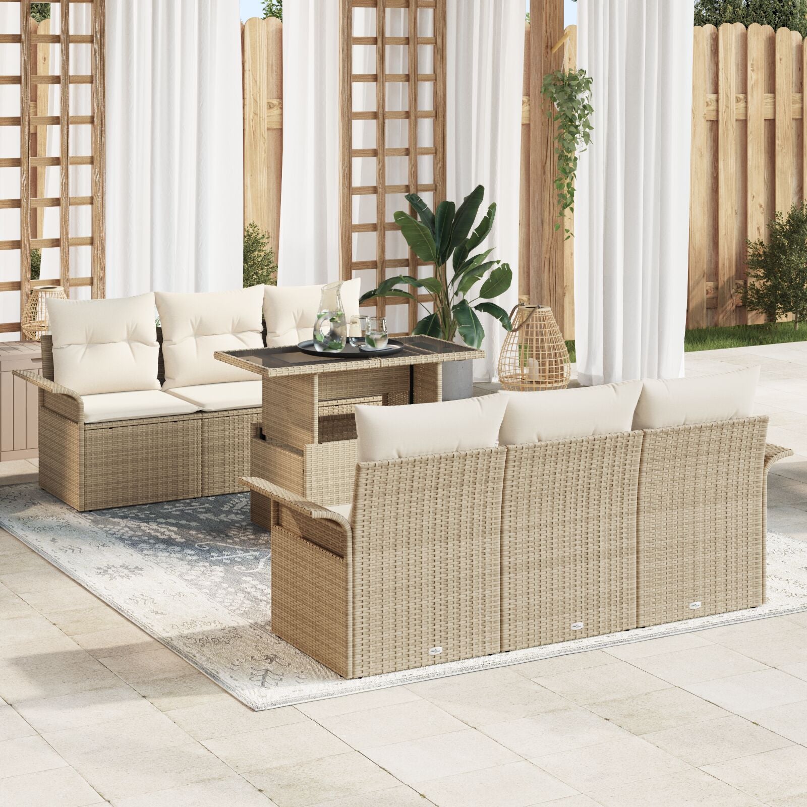 7 Delige Tuin Sofa Set Met Kussens Beige Poly Rattan
