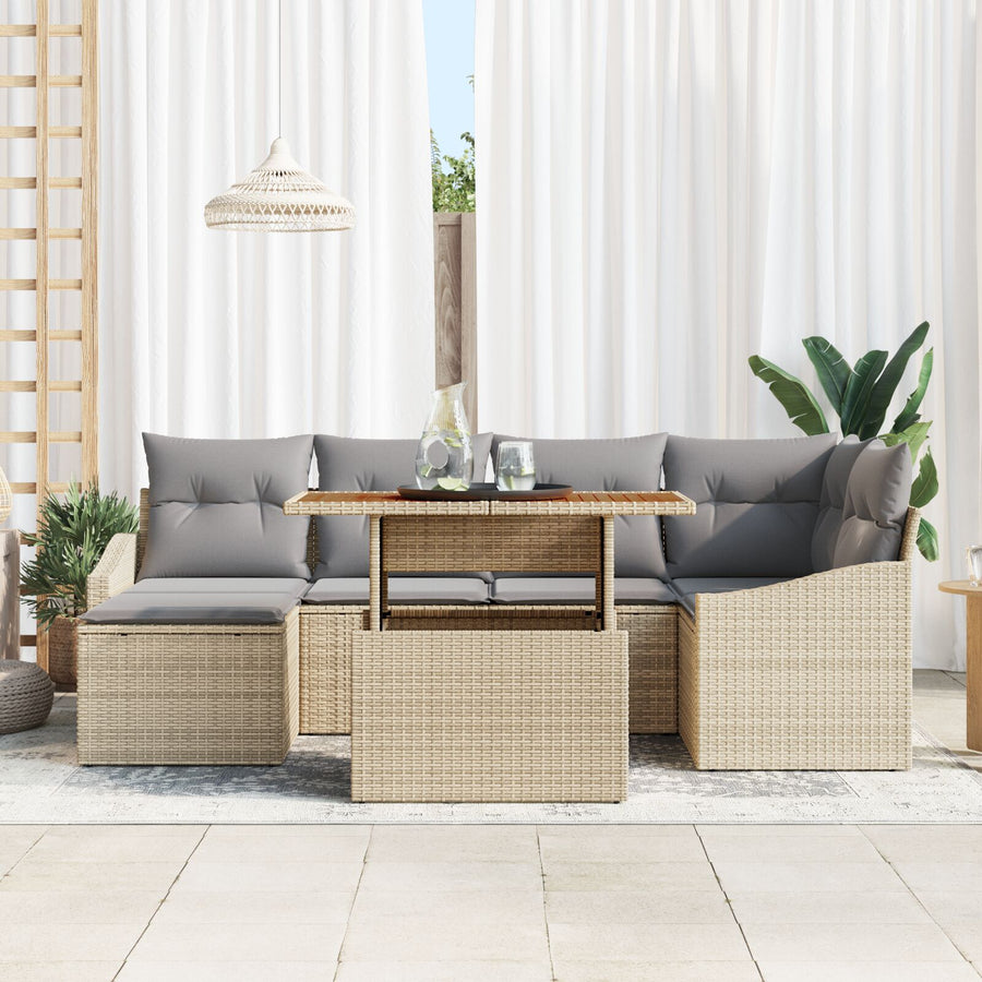 7 Delige Tuin Eettafel Set Met Kussens Beige Poly Rattan Acacia