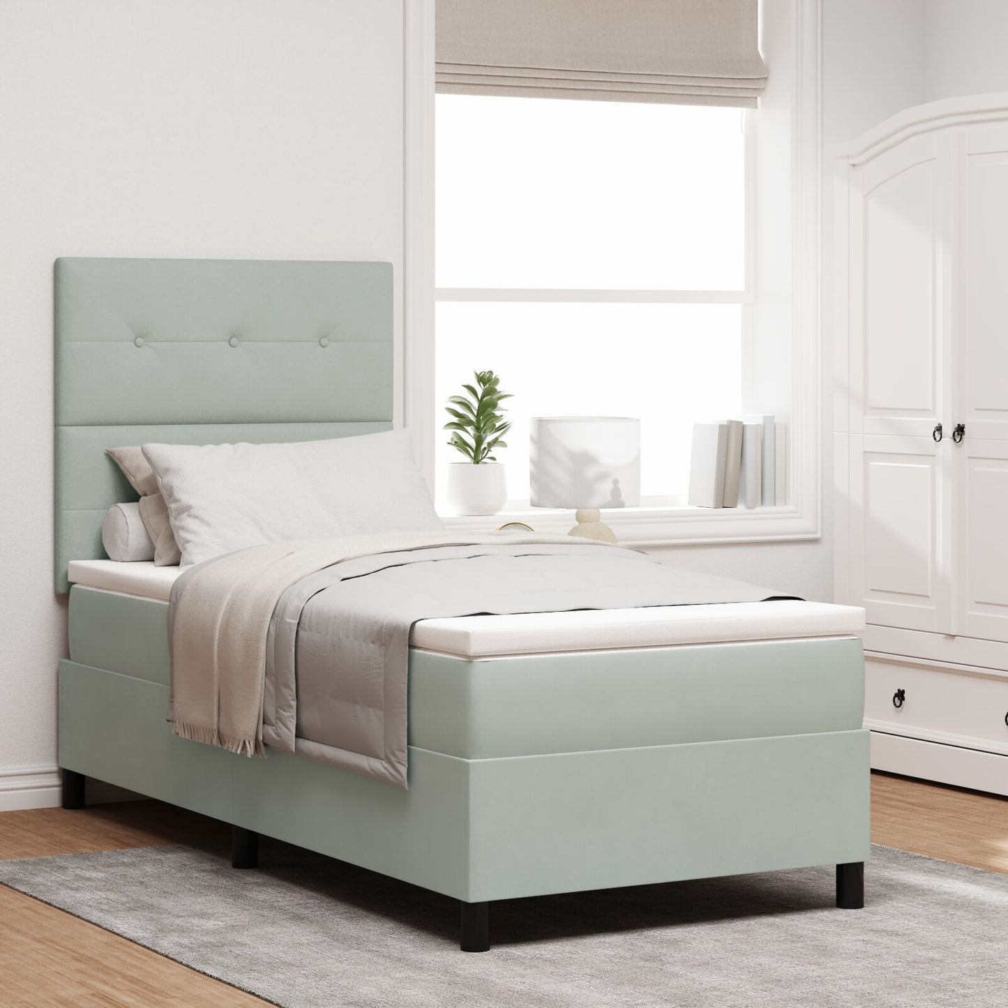 Boxspring Bed Met Matras Lichtgrijs 90X200 Cm Fluweel Blauw