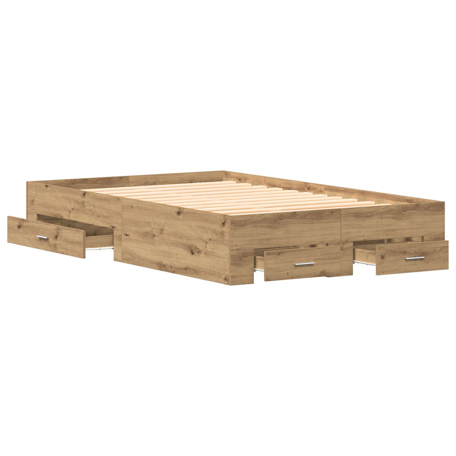 Bedframe Met Lades Artisan Eiken 120X200 Cm Bewerkt Hout Ambachtelijk Eiken