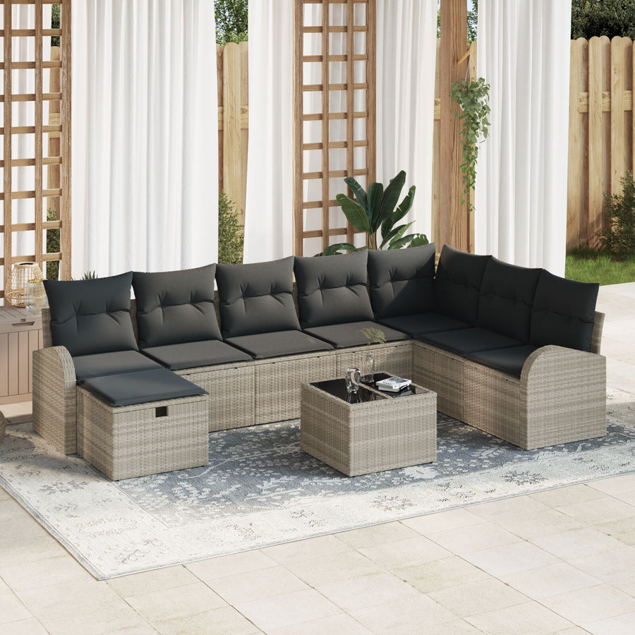 9-Delige Tuinsofa Set Met Kussens Lichtgrijs Poly Rattan