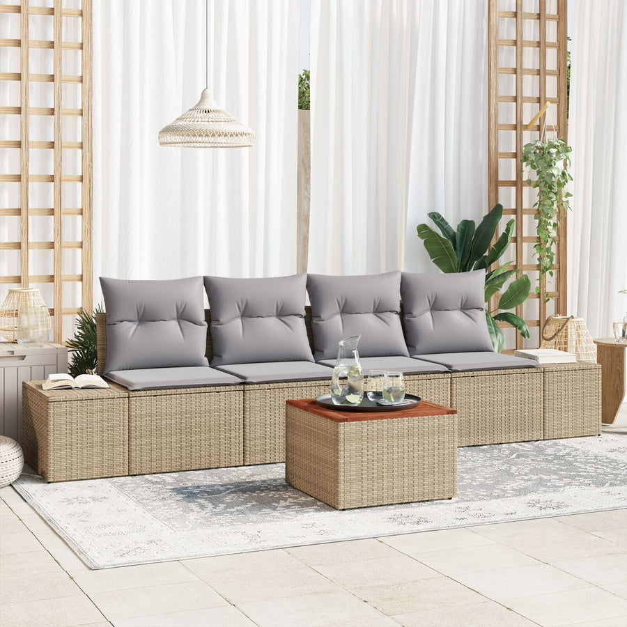 5-Delige Tuin Sofa Set Met Kussens Beige Poly Rattan Acacia