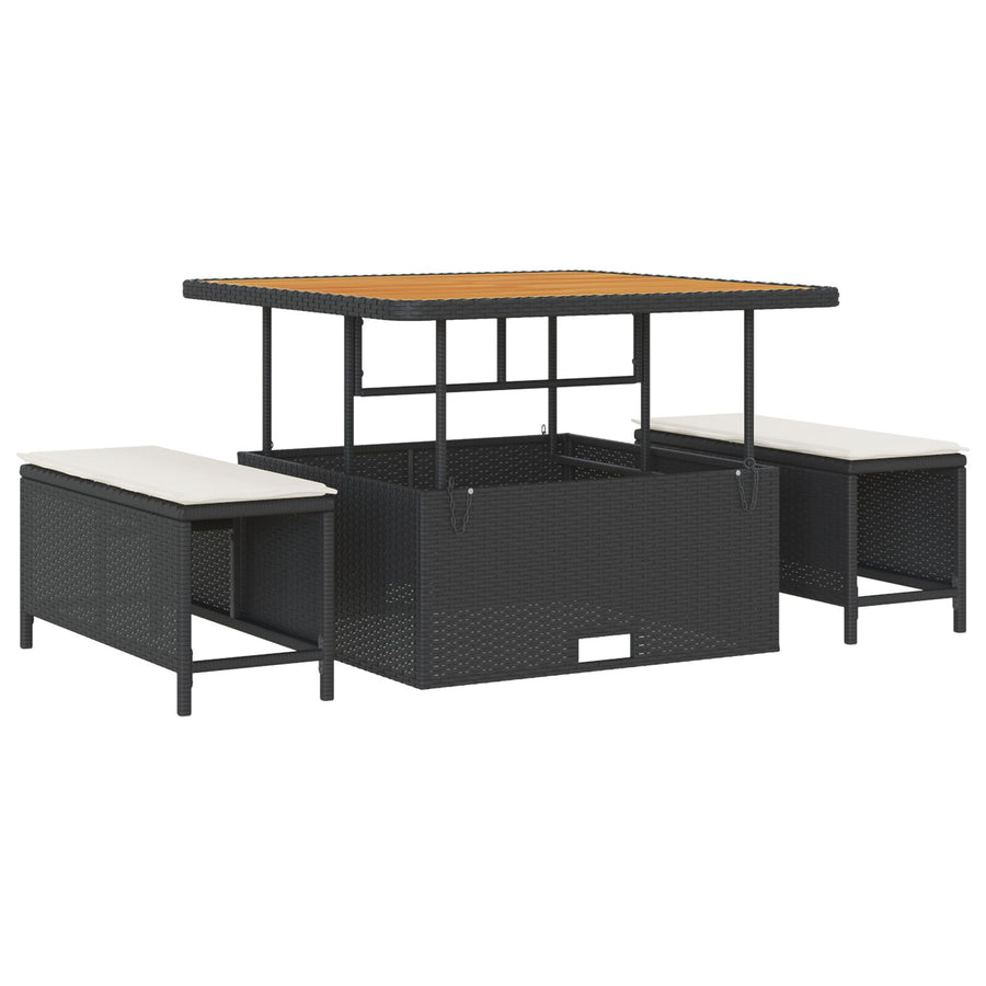 3-Delige Tuin Eettafel Set Met Kussens Poly Rattan Acacia 100 cm Zwart en crème 2 krukken