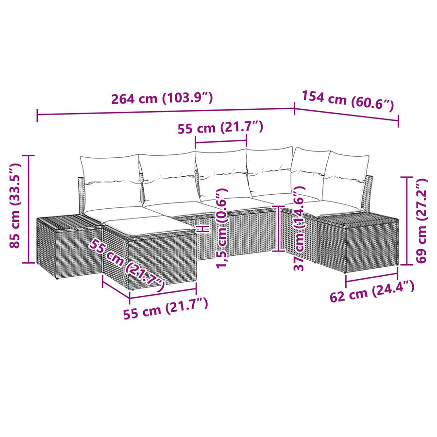 6-Delige Tuinsalonset Met Kussens Bruin Poly Rattan
