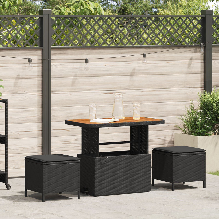3-Delige Tuin Dineerset Met Kussens Poly Rattan Acaciahout 90 cm Zwart 2 stools