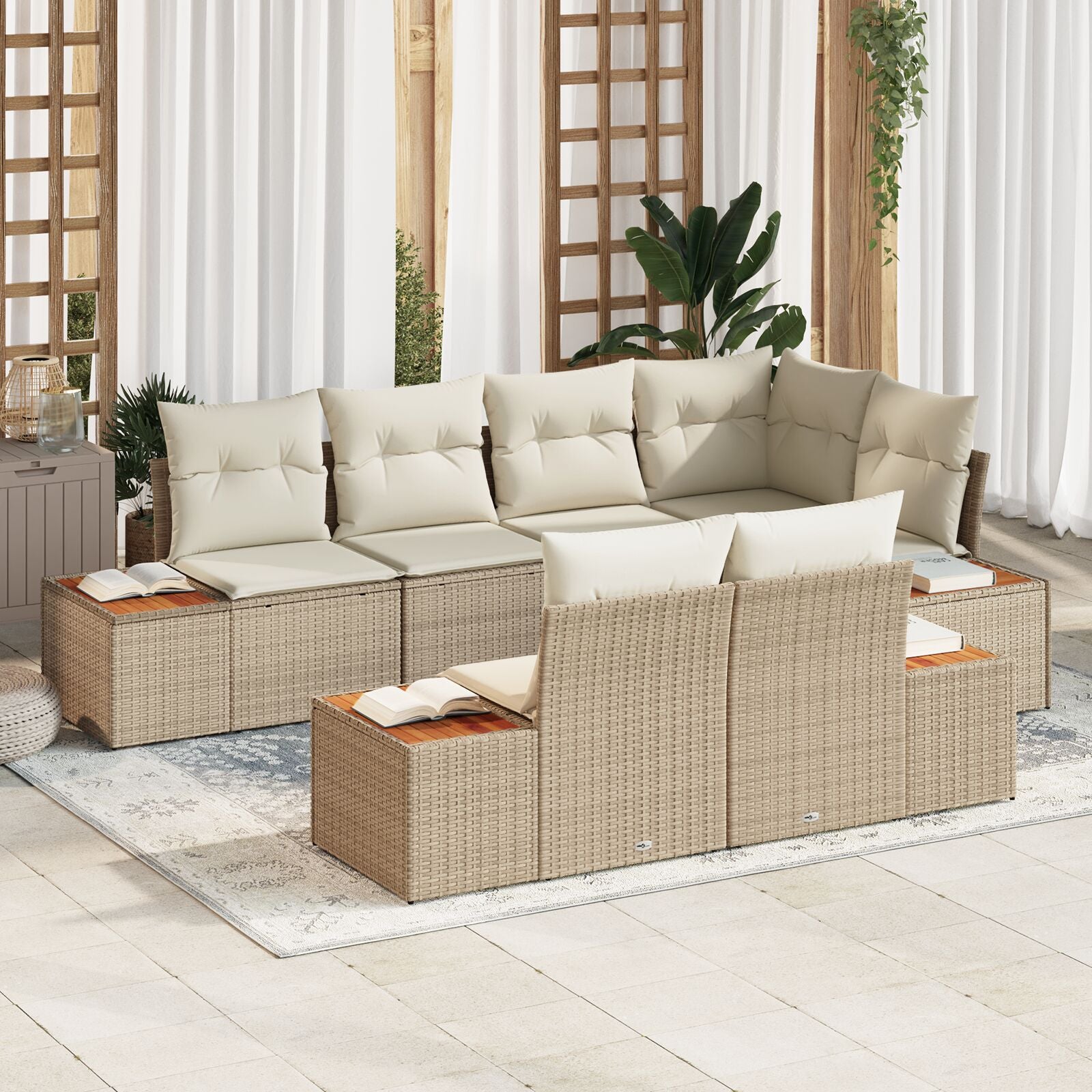 7-Delige Tuin Sofa Set Met Kussens Beige Poly Rattan Acacia