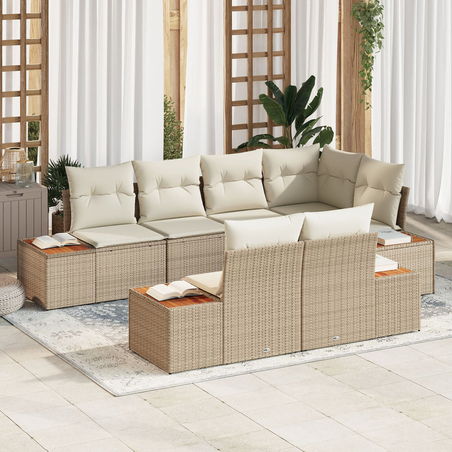7-Delige Tuin Sofa Set Met Kussens Beige Poly Rattan Acacia