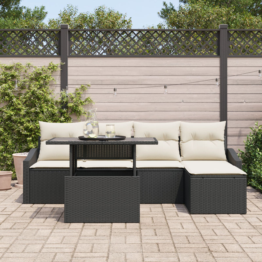 6-Delige Tuinbankset Met Kussens Zwart Poly Rattan