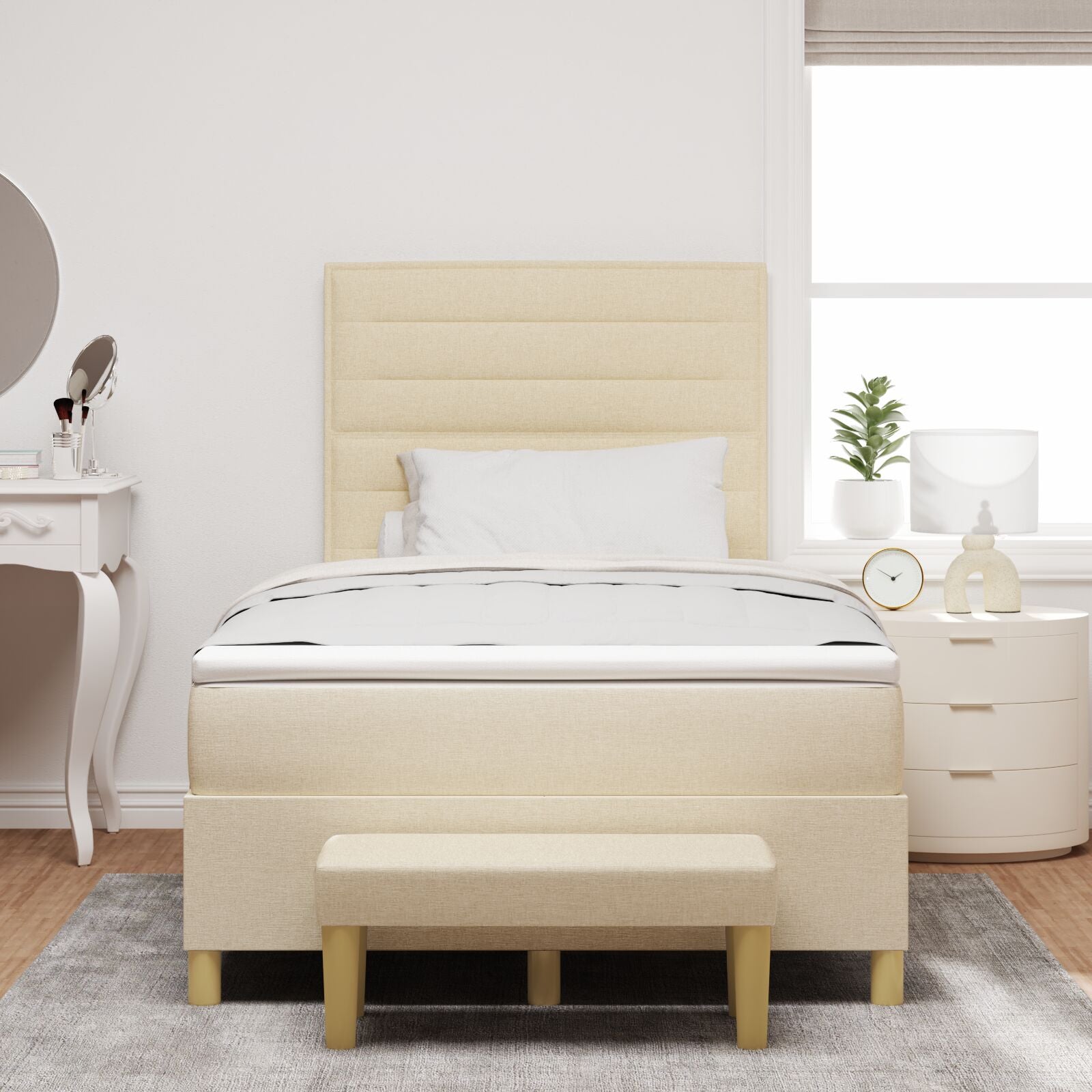 Boxspringbed Met Matras & Bank Stof Crème 120 x 200 cm Lijnen ontwerp