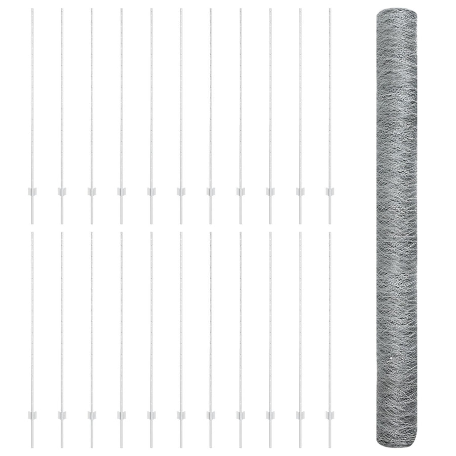 Hekpalen 22 St U-Channel 160 Cm Gegalvaniseerd Staal,  Hexagonaal Hek 1.6X50 M Gegalvaniseerd Staal