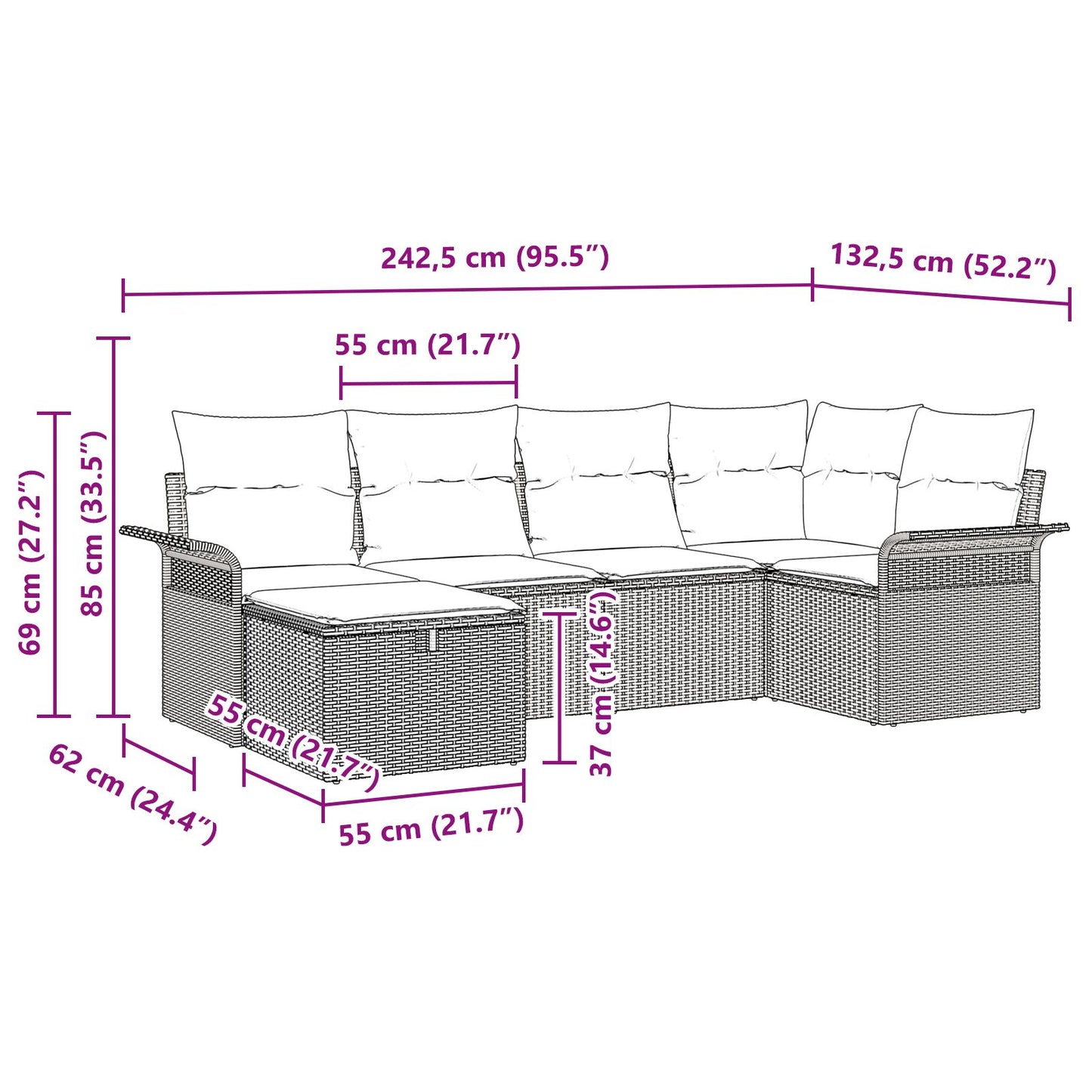 6 Delige Tuin Sofa Set Met Kussens Zwart Poly Rattan