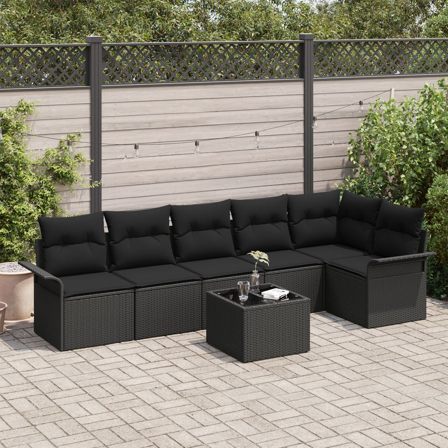 7-Delige Tuinbank Set Met Kussens Beige Poly Rattan Zwart met tafel