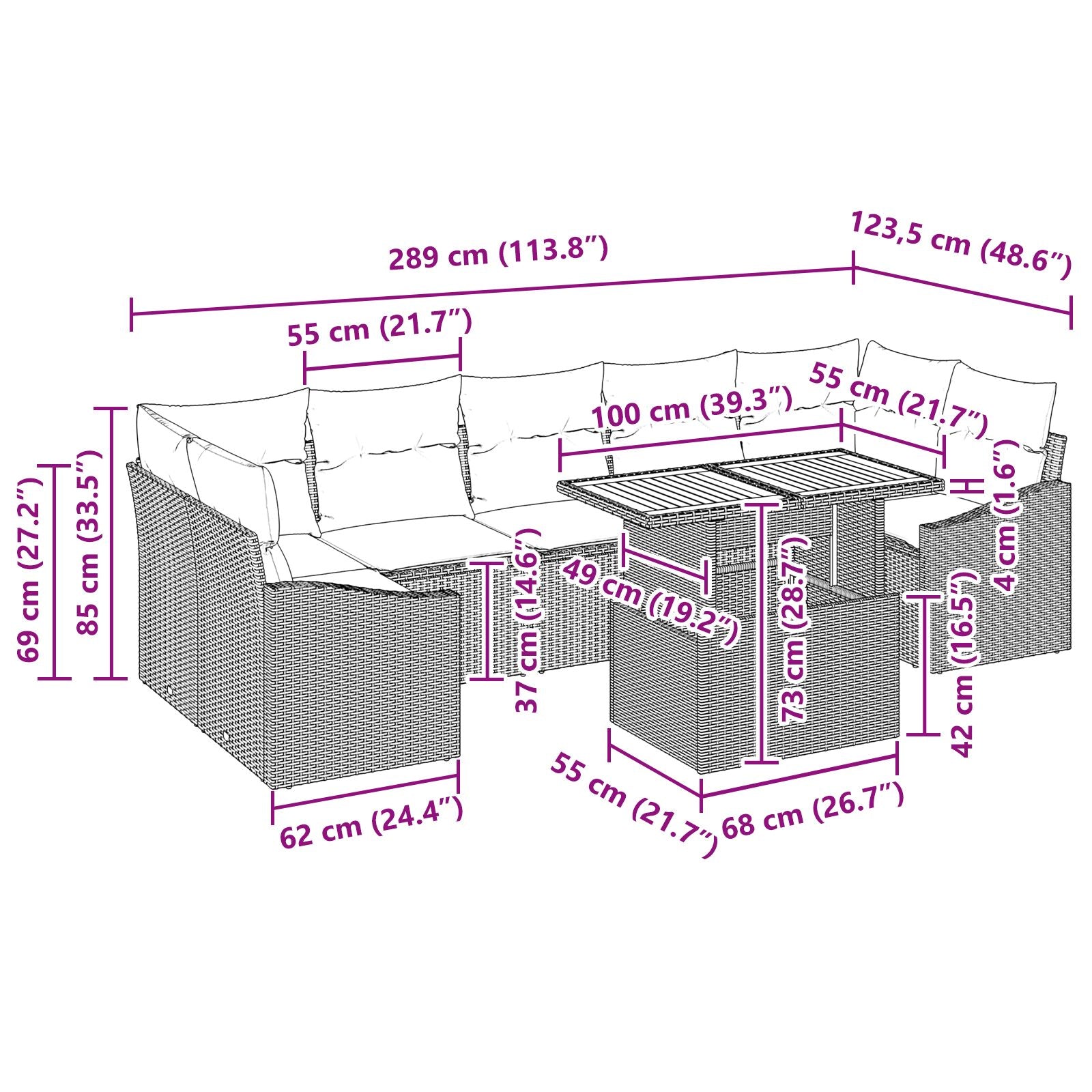 8-Delige Tuin Eetset Met Kussens Zwarte Poly Rattan Acacia