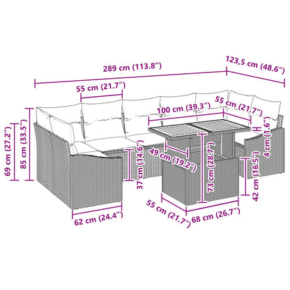 8-Delige Tuin Eetset Met Kussens Zwarte Poly Rattan Acacia