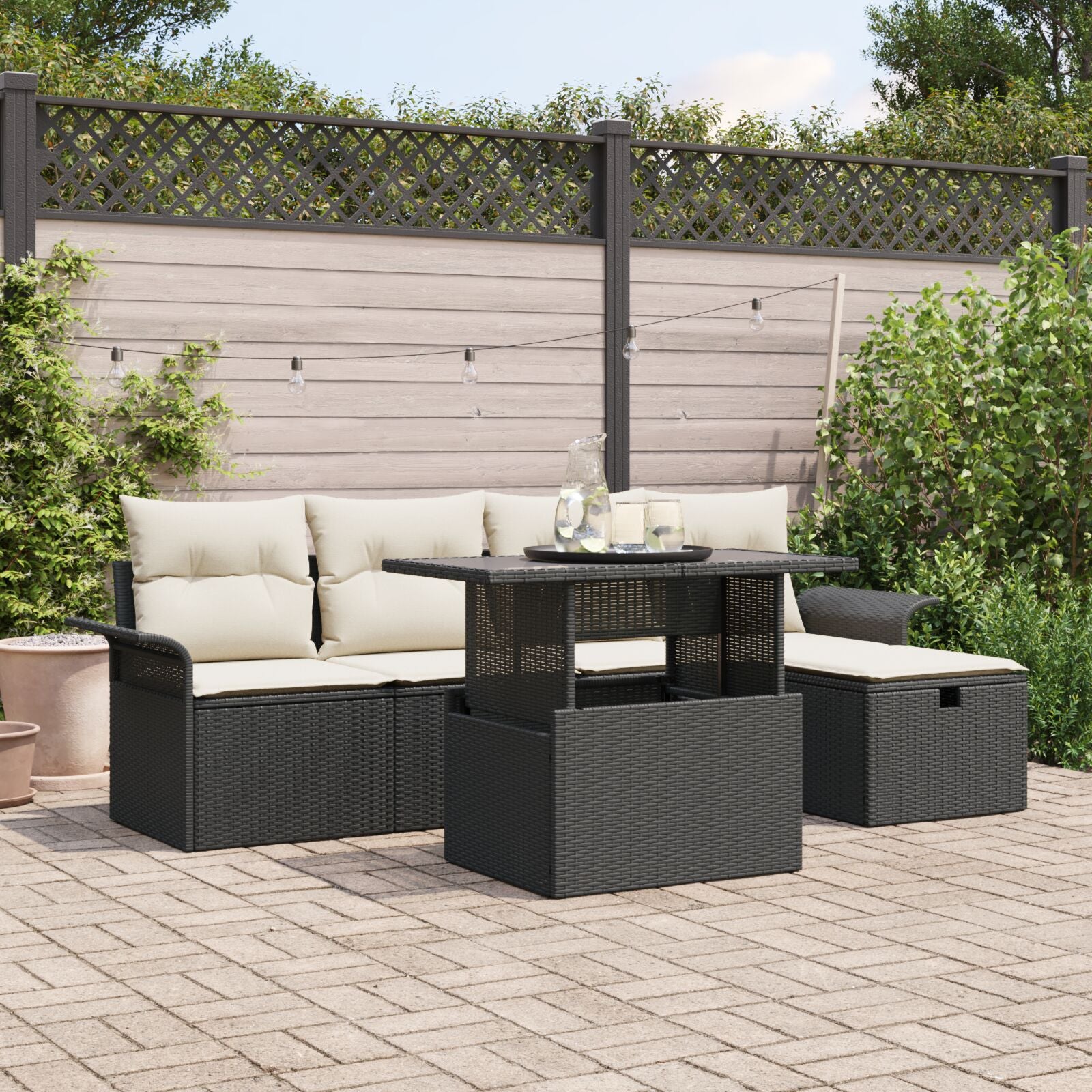 6-Delige Tuin Sofa Set Met Kussens Zwart Poly Rattan