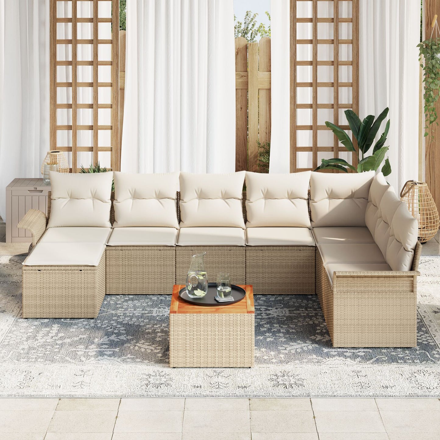 9-Delige Tuin Sofa Set Met Kussens Beige Poly Rattan Acacia