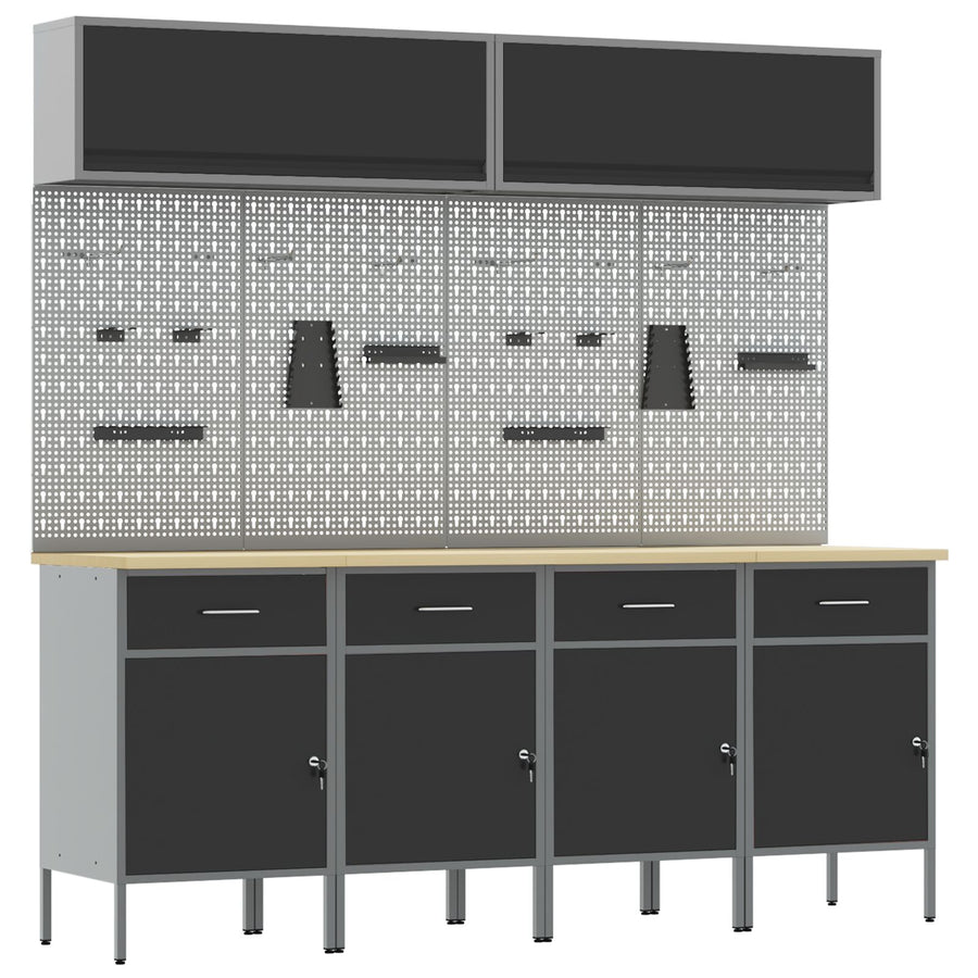 10-Delige Werkcabinet En Pegboard Set Mdf En Metaal 4x (84 cm) Zwart 4x kast + 4x pegboard + 2x kast met deur