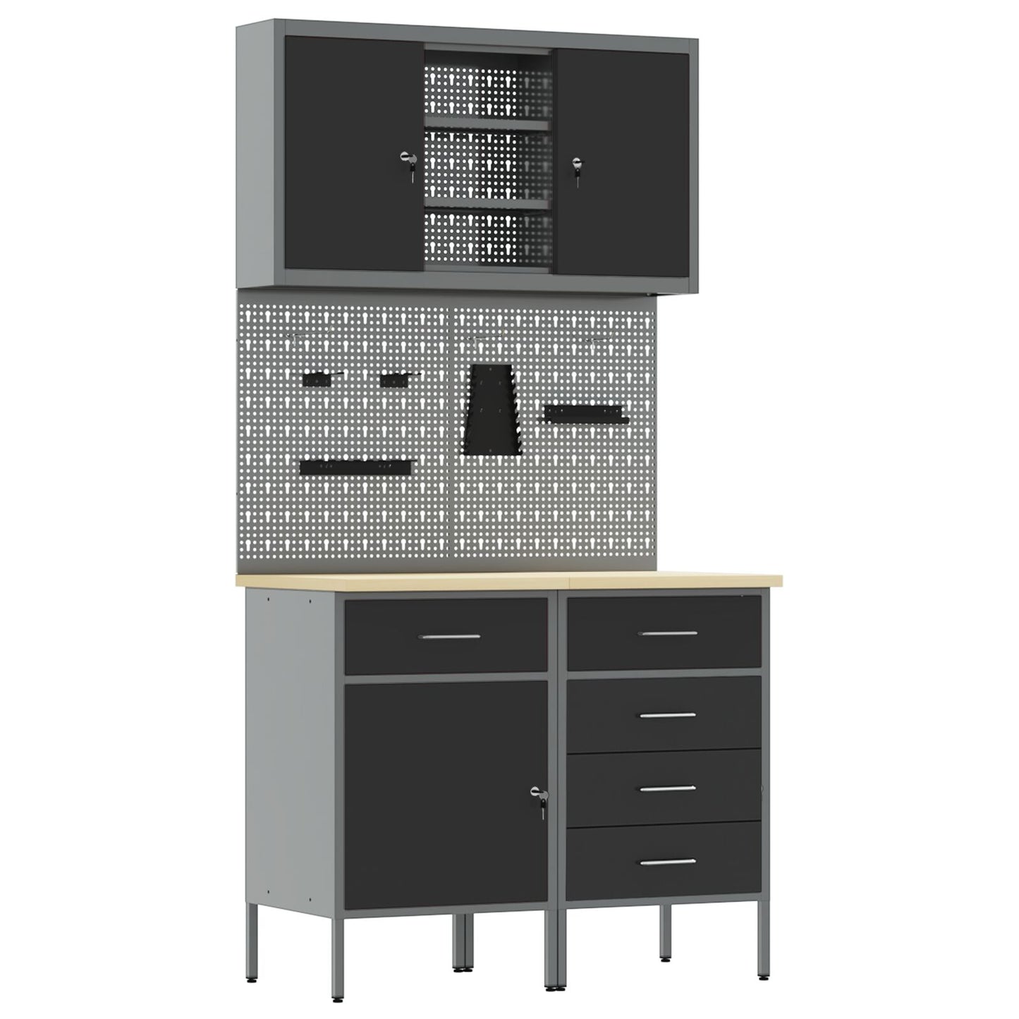 5-Delige Werkbank Set Staal 2x (84/85 cm) Zwart 2x kast + 2x pegboard + kast met deur