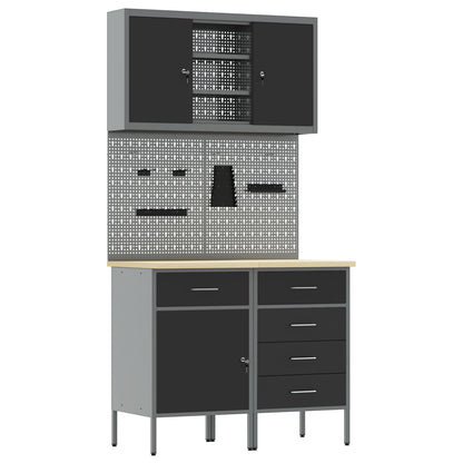 5-Delige Werkbank Set Staal 2x (84/85 cm) Zwart 2x kast + 2x pegboard + kast met deur
