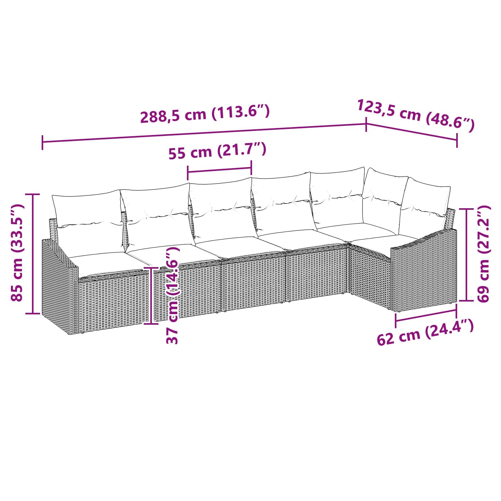 6-Delige Tuinbank Set Met Kussens Poly Rattan Grijs zonder tafel