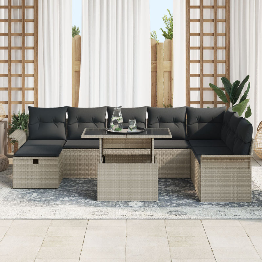 9-Delige Tuinsofa Set Met Kussens Lichtgrijs Poly Rattan