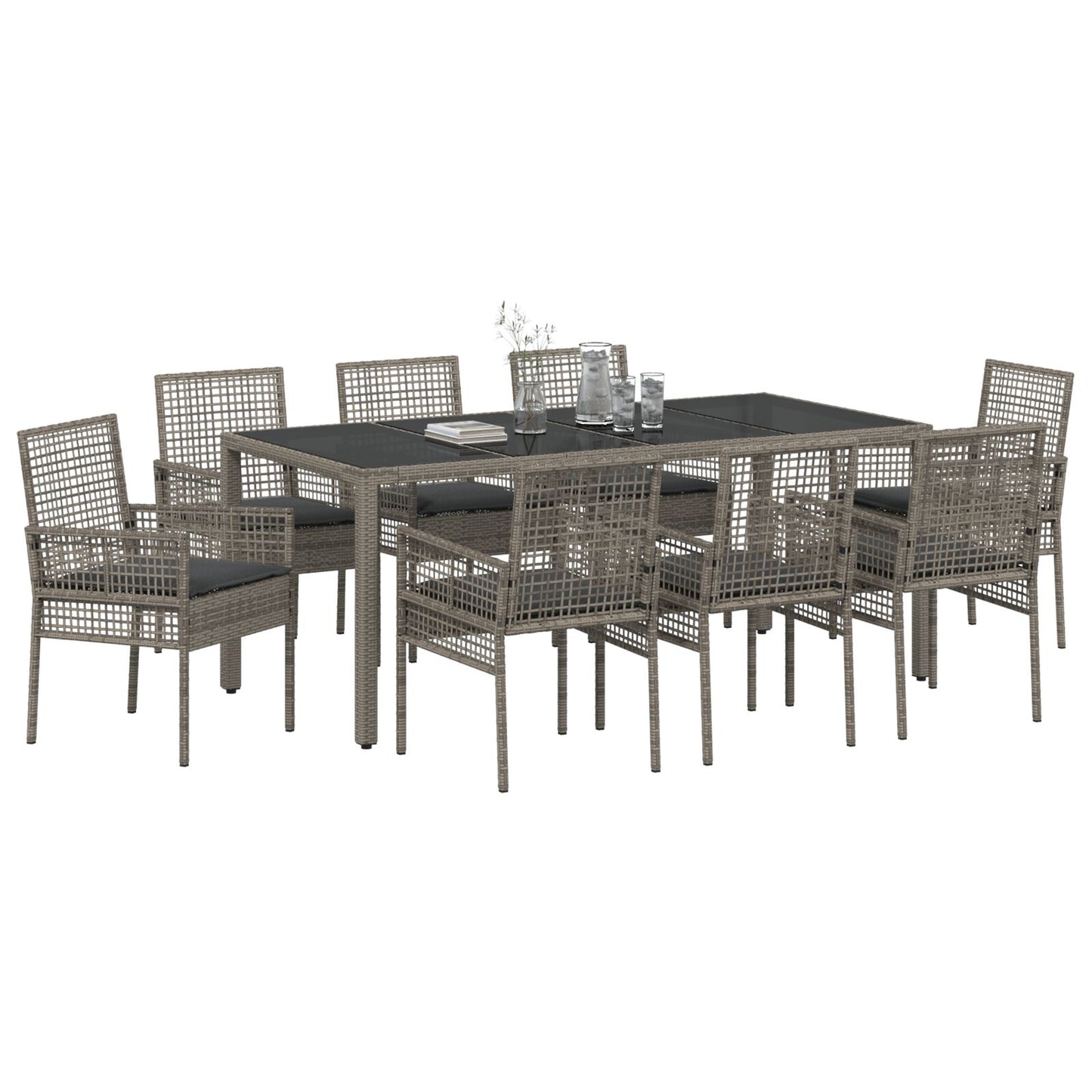 9-Delige Tuintafelset Met Kussens Grijs Poly Rattan