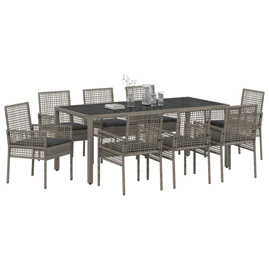 9-Delige Tuintafelset Met Kussens Grijs Poly Rattan