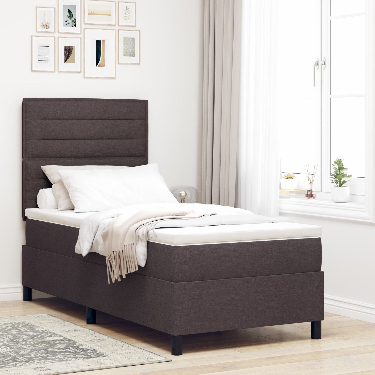 Boxspring Bed Met Matras Stof Donkerbruin 100 x 200 cm Lijnen ontwerp