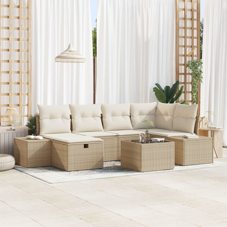 7-Delige Tuin Sofa Set Met Kussens Beige Poly Rattan