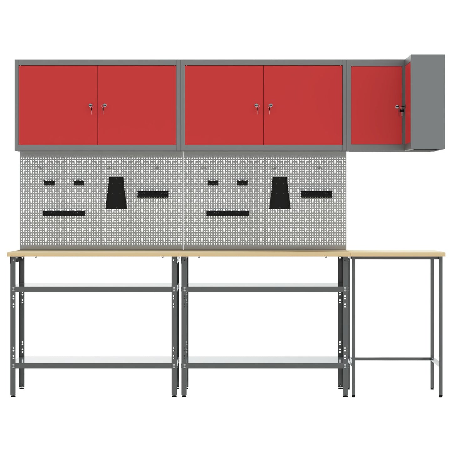 10-Delige Gereedschapsopslag Tafelset Van Geengineerd Hout En Metaal 100 cm kast met pegboard Rood 3x tafel + 4x kast + 4x pegboard