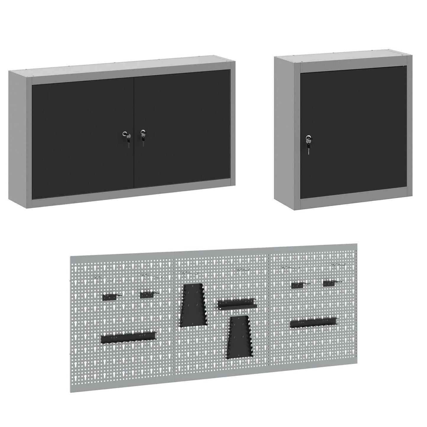 8-Delige Werkbank Set Staal 3x (84/85/85 cm) Zwart 3x kast + 3x gereedschapsbord + 2x gereedschapscabinet