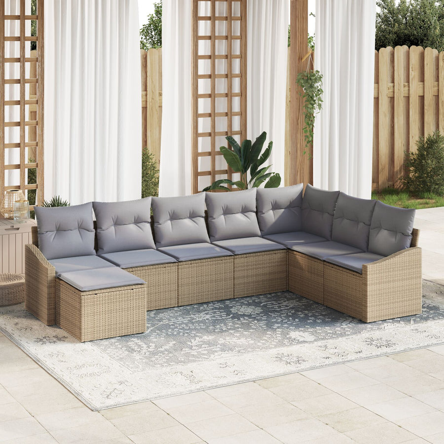 8-Delige Tuin Eetset Met Kussens Beige Poly Rattan