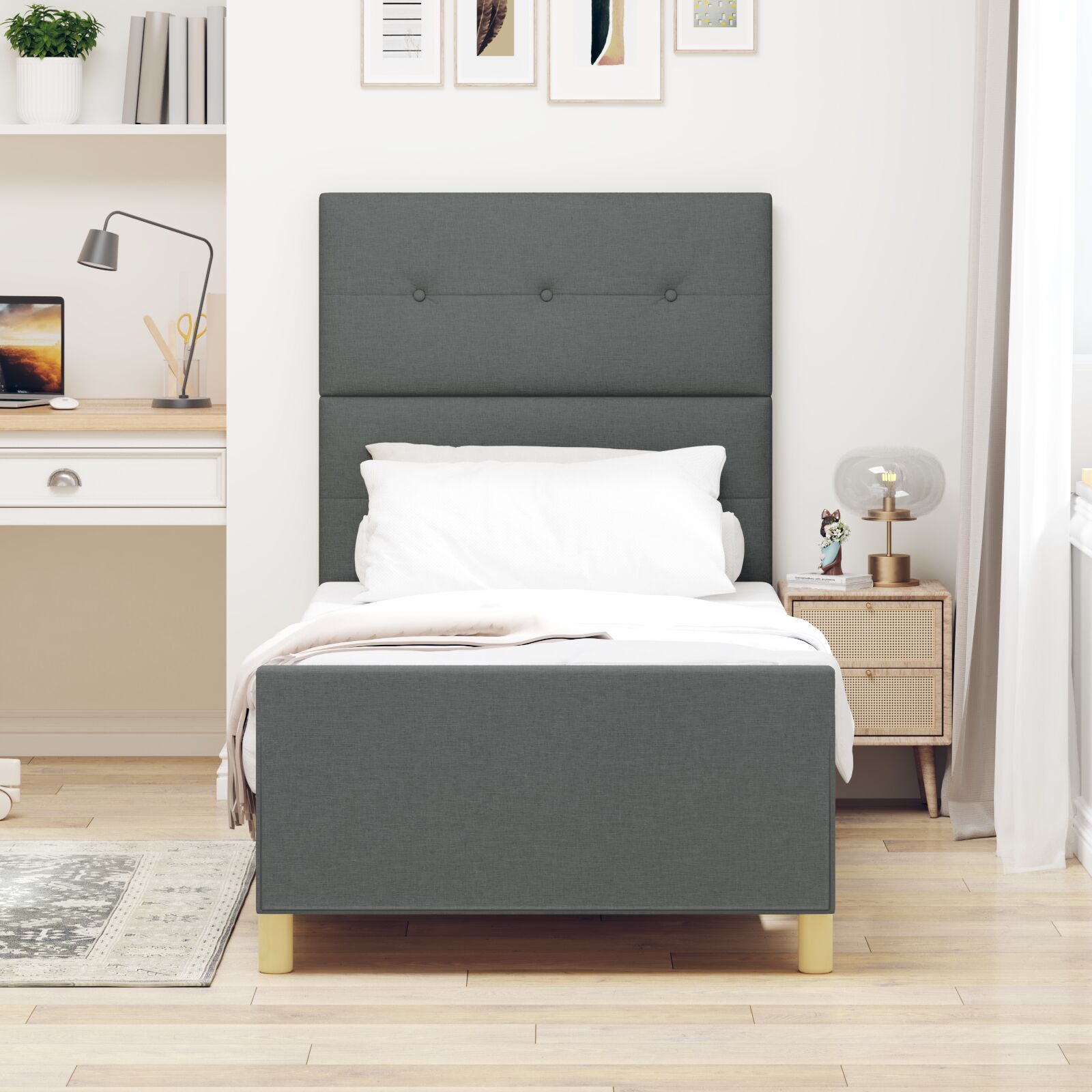 Bed Frame Donkergrijs 90X190 Cm Stof Crème