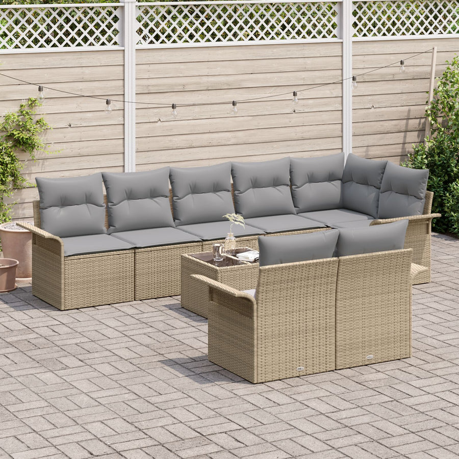 9-Delige Tuinbank Set Met Kussens Zwart Poly Rattan Beige en grijs met tafel