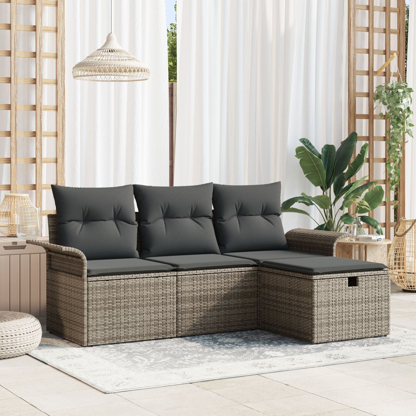 4-Delige Tuinsofaset Met Kussens Grijs Poly Rattan