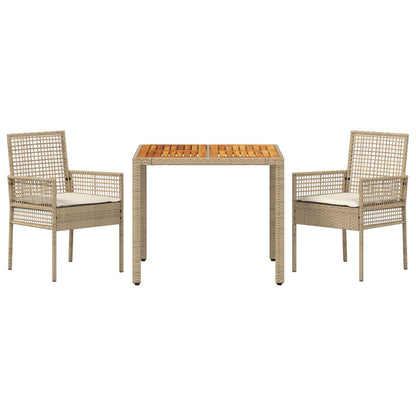 3-Piece Tuintafelset Met Kussens Beige Poly Rieten