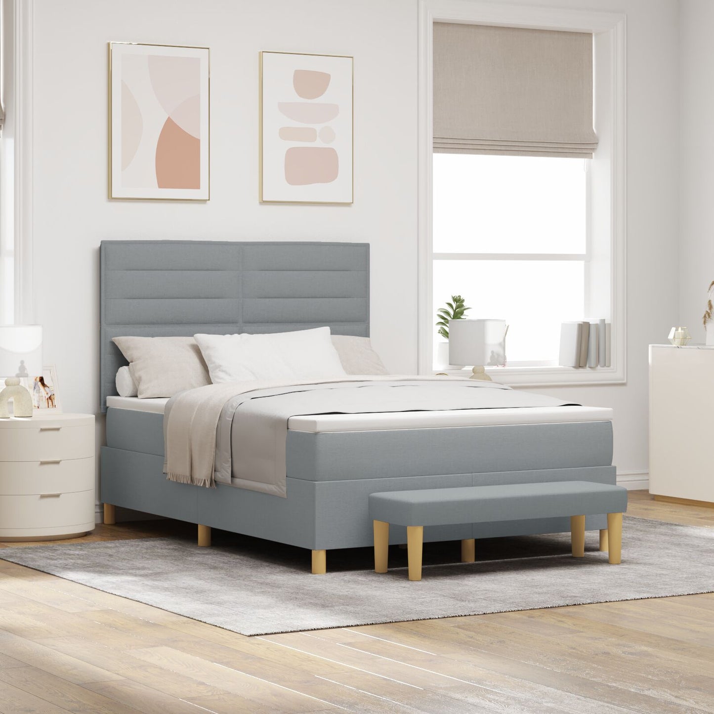 Bedframe Met Matras Set Van 2 Stof Lichtgrijs 160 x 200 cm Lijnen ontwerp
