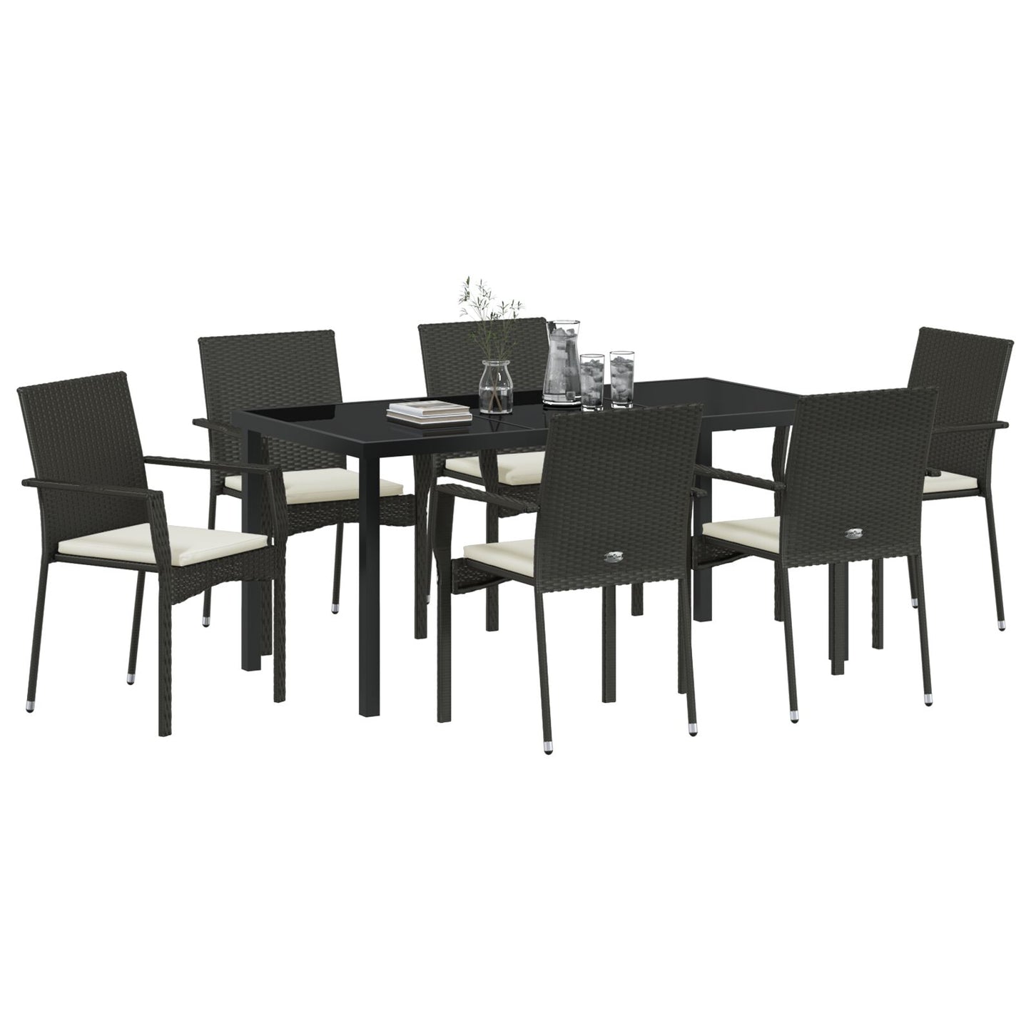 7-Delige Tuin Eettafelset Met Kussens Zwart Poly Rattan