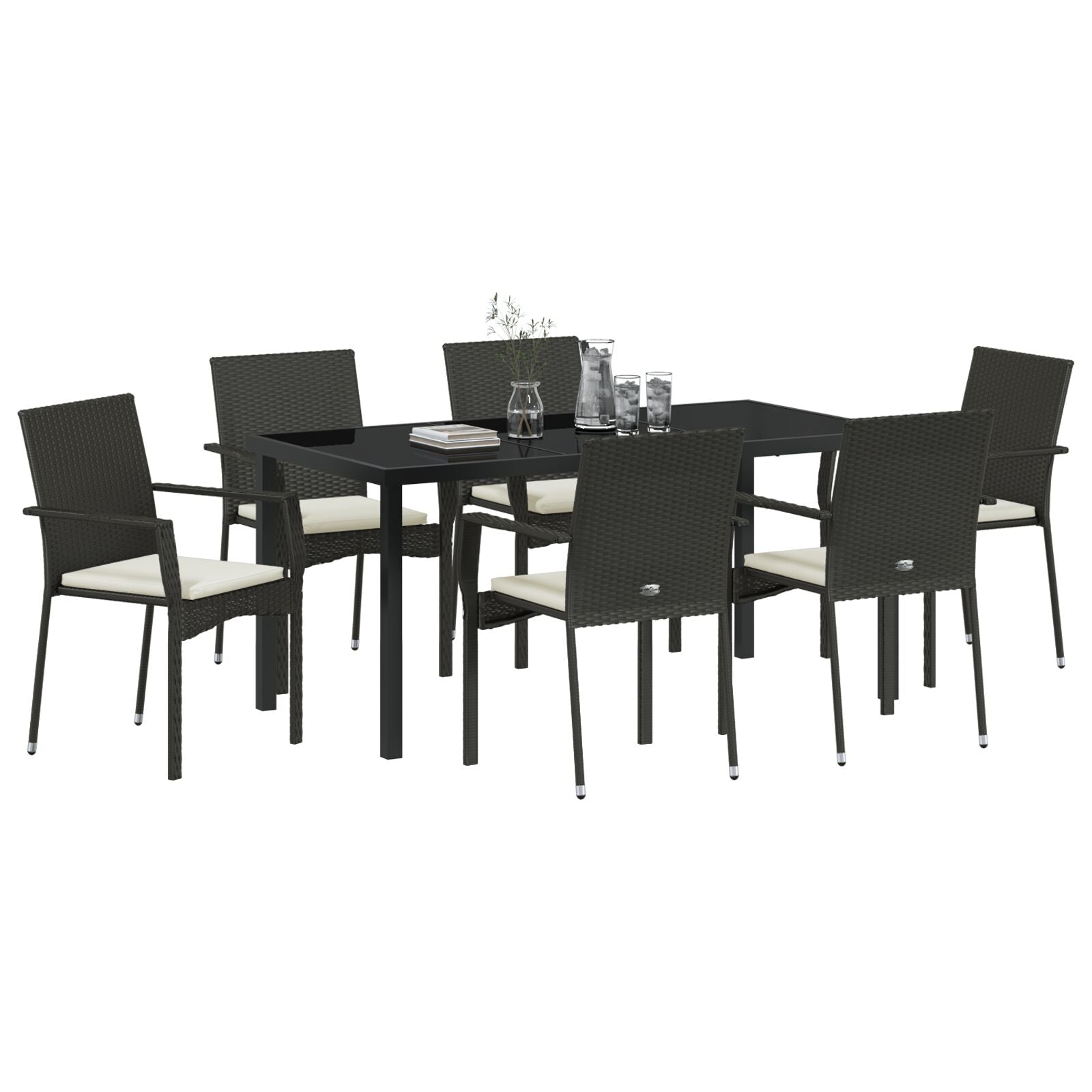 7-Delige Tuin Eettafelset Met Kussens Zwart Poly Rattan