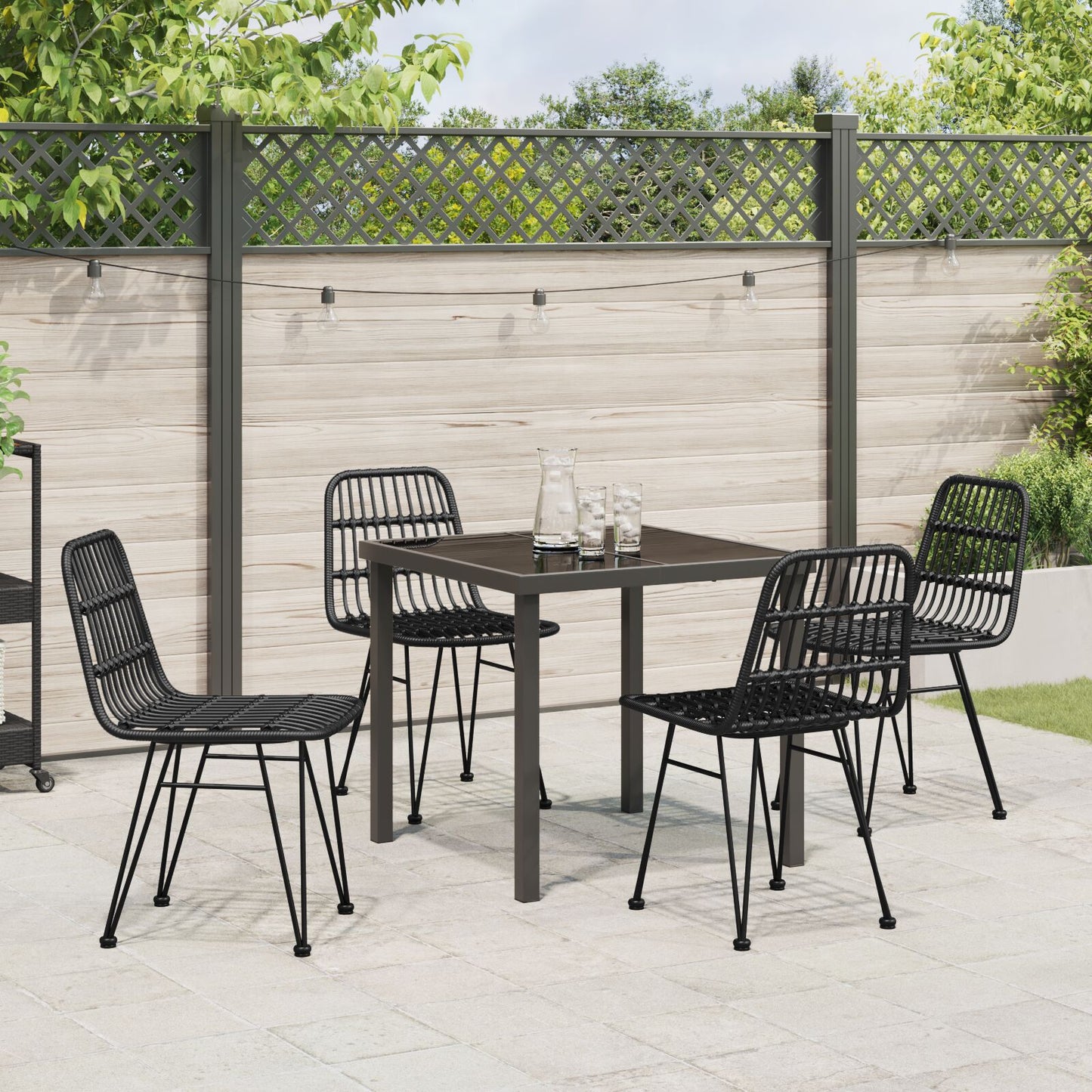 5-Delige Tuin Eettafelset Zwart Poly Rattan