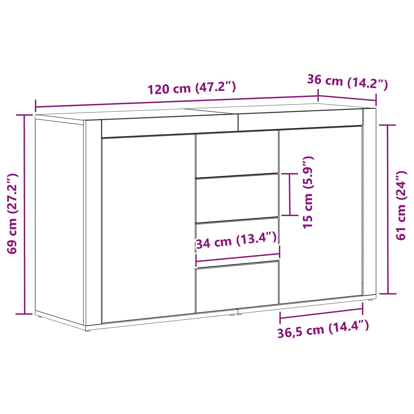 Dressoir Zwart Eiken Bewerkt Hout 120 X 36 X 69 Cm Opslag