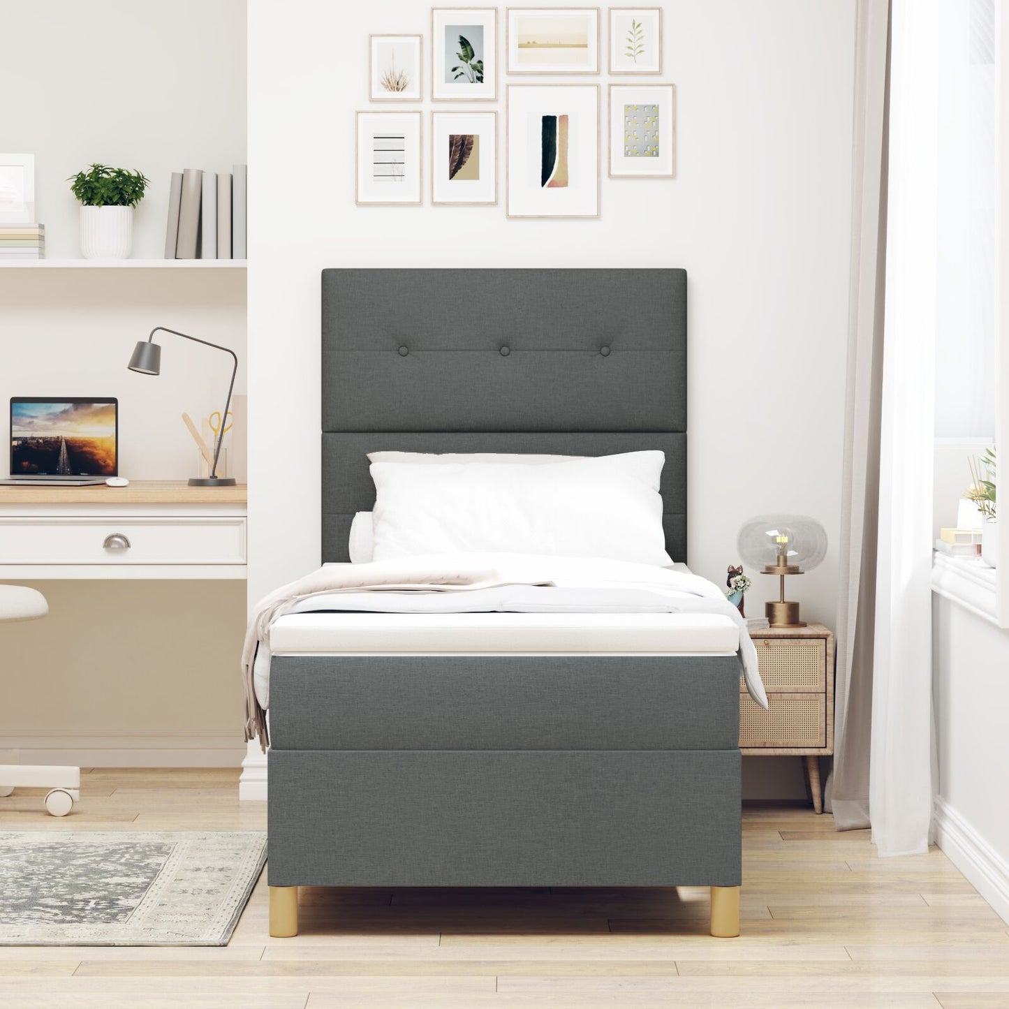 Boxspring Bed Met Matras Donkergrijs Eenpersoons Stof Blauw